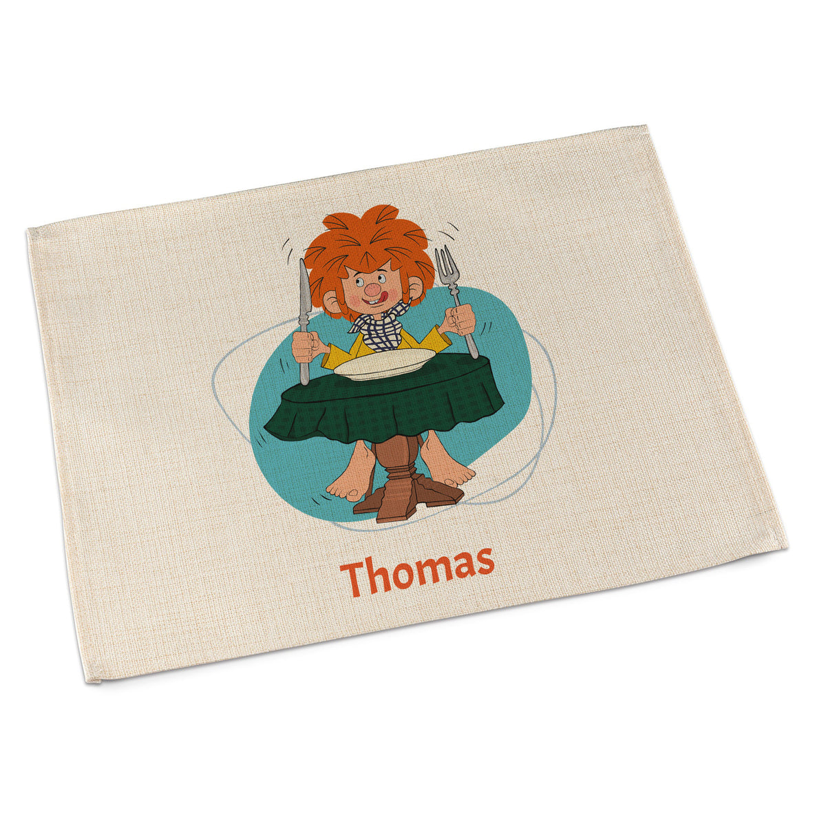 Abwaschbares Pumuckl Tischset mit hungrigem Pumuckl und Personalisierung Thomas, ideal für Kinder