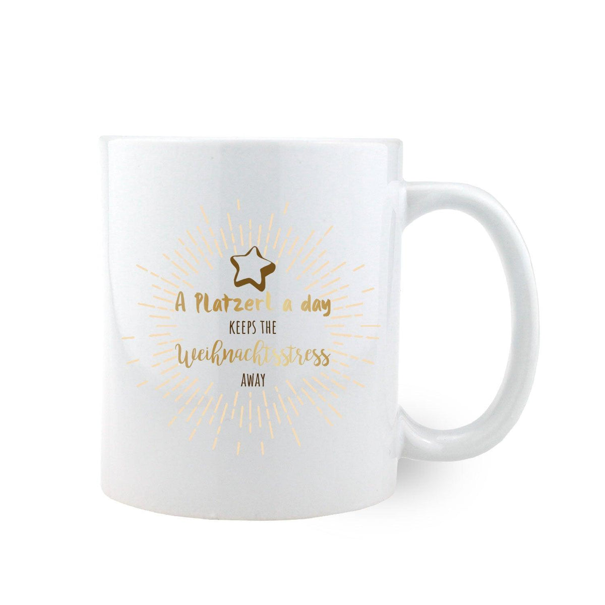 Weihnachts-Haferl Platzerl aus weißem Porzellan mit goldener Stern- und Schriftzug-Dekoration