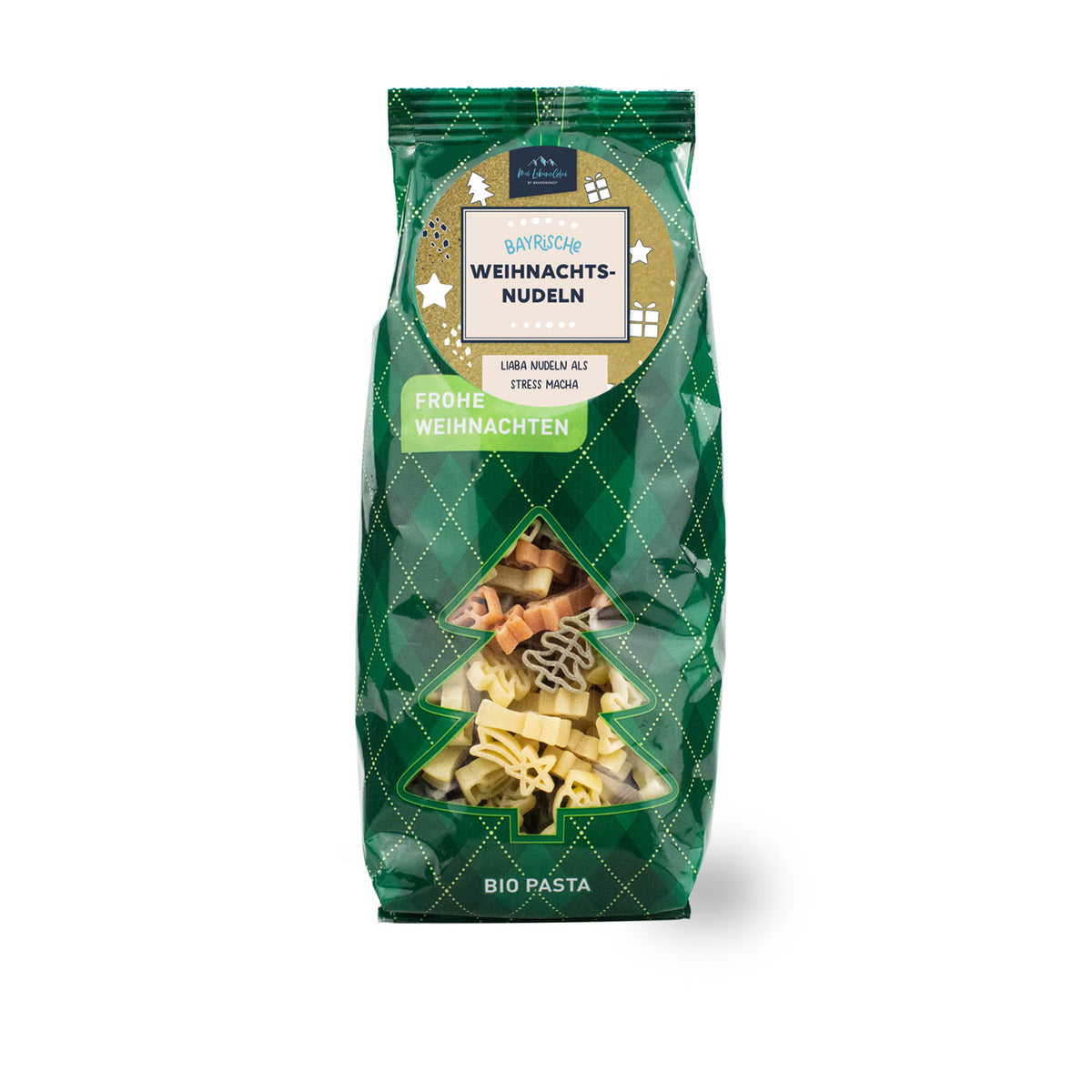 Grüne Packung Weihnachts-Nudeln 3-farbig in Stern-, Baum- und Glockenform, Bio-Pasta für Festtage.