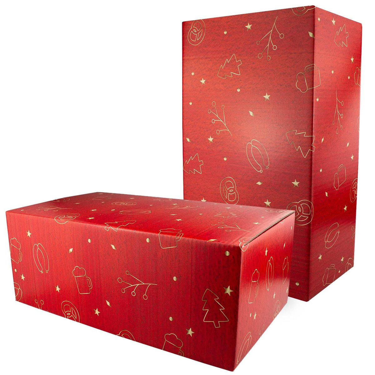 Weihnachtsbox Glühwein: zwei rote Geschenkboxen mit goldenen Motiven wie Christbäumen, Sternen und Brezeln.