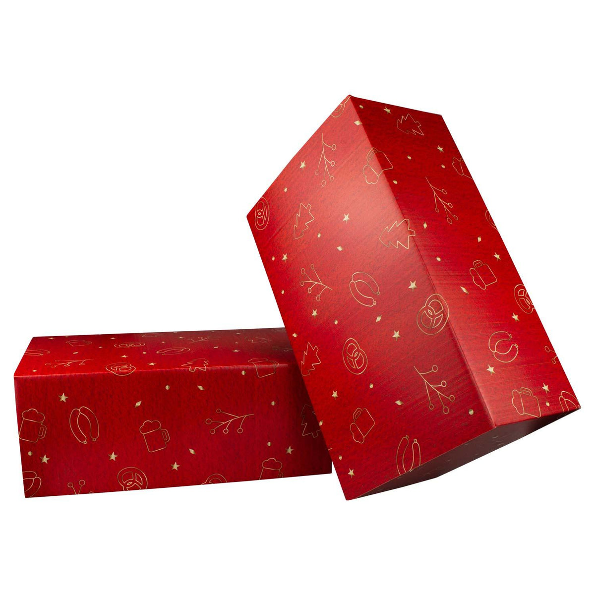 Zwei rote Geschenkboxen der Weihnachtsbox "Weihnachtsfeier Nikolaus" mit goldenen Wintermotiven und Sternen.