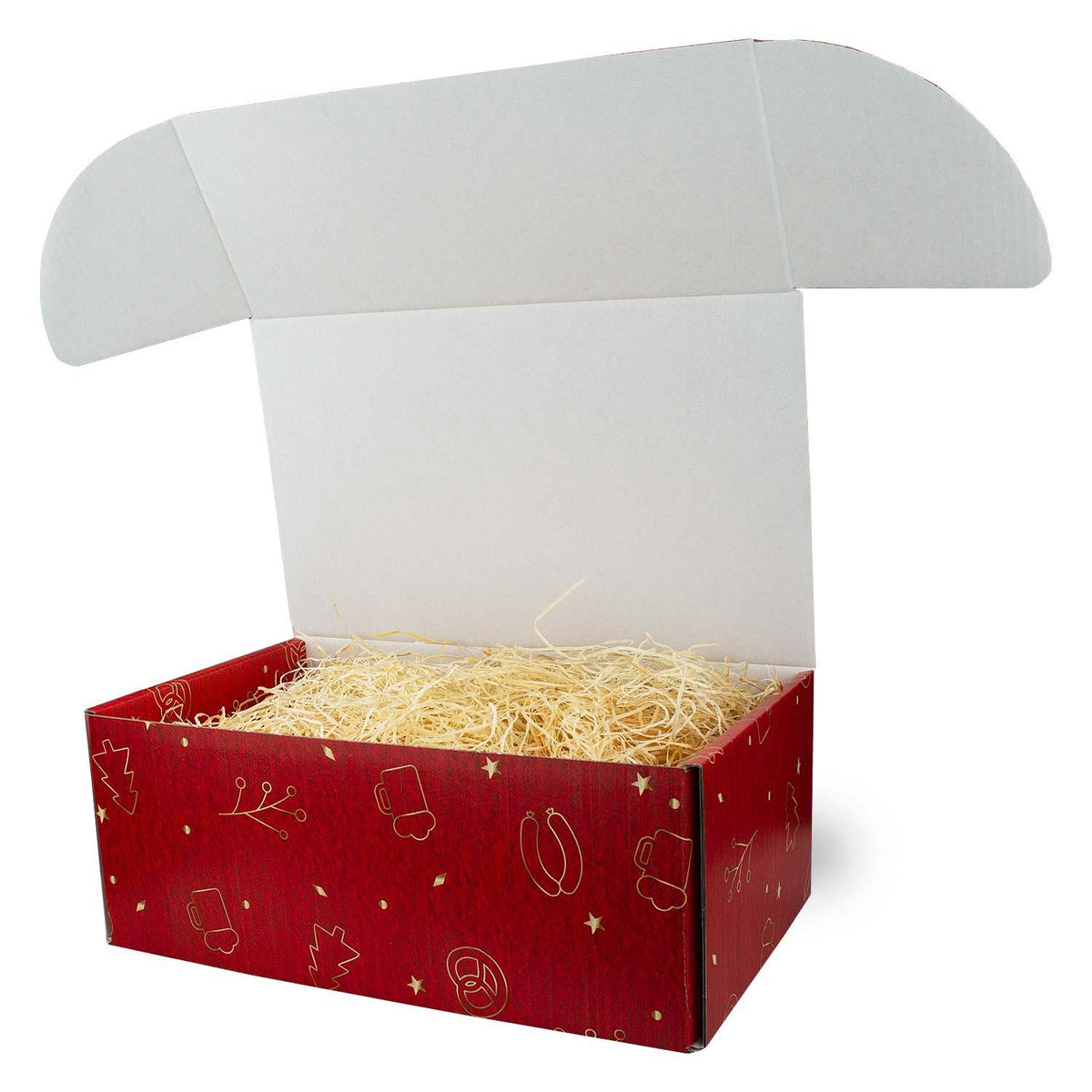 Offene Weihnachtsbox Weihnachtsfeier Nikolaus, rot mit goldenen Weihnachtsmotiven und Holzwolle-Füllmaterial.