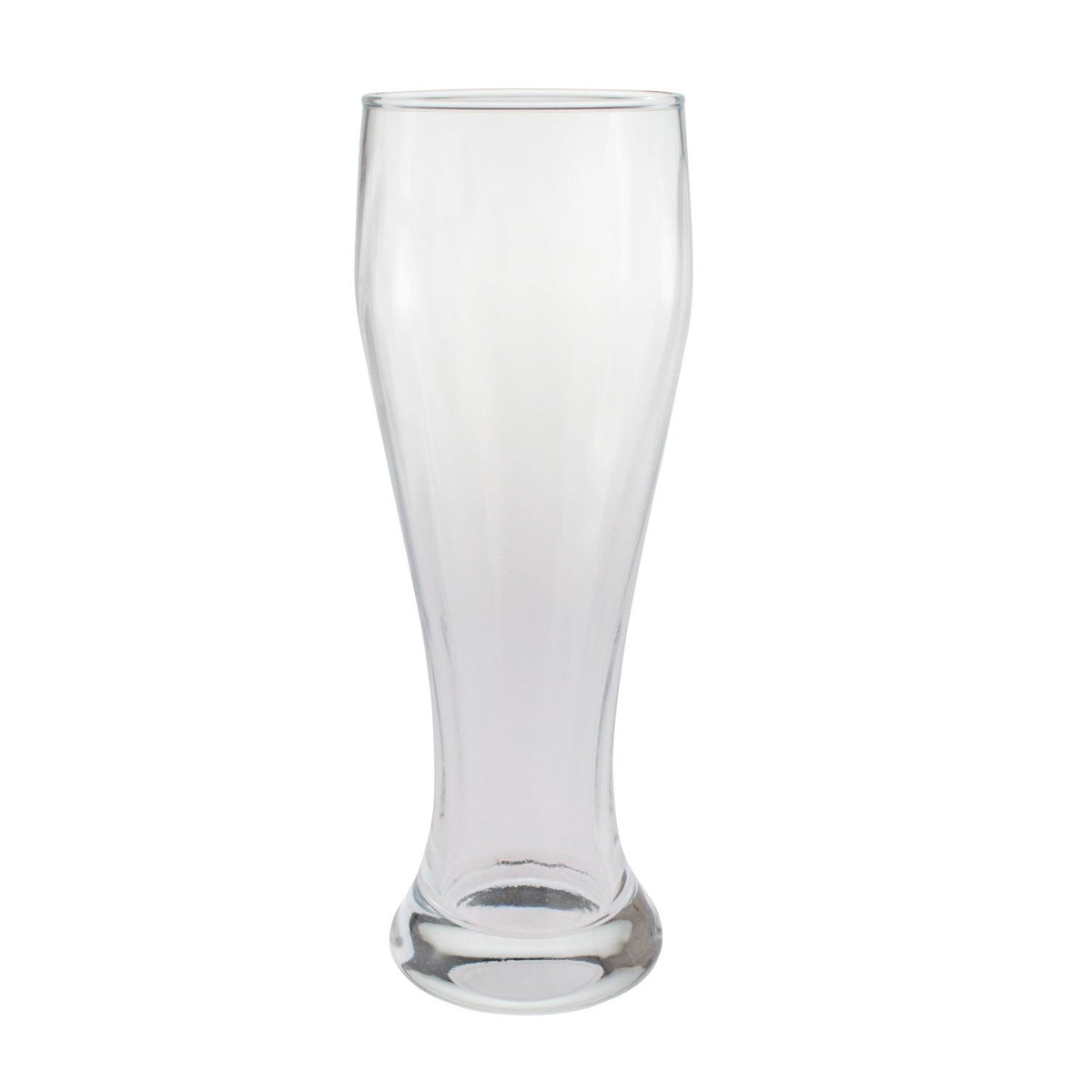 Leeres, klares Weizenbierglas oder Pilsglas mit schlanker Form und stabiler Basis für Biergenuss