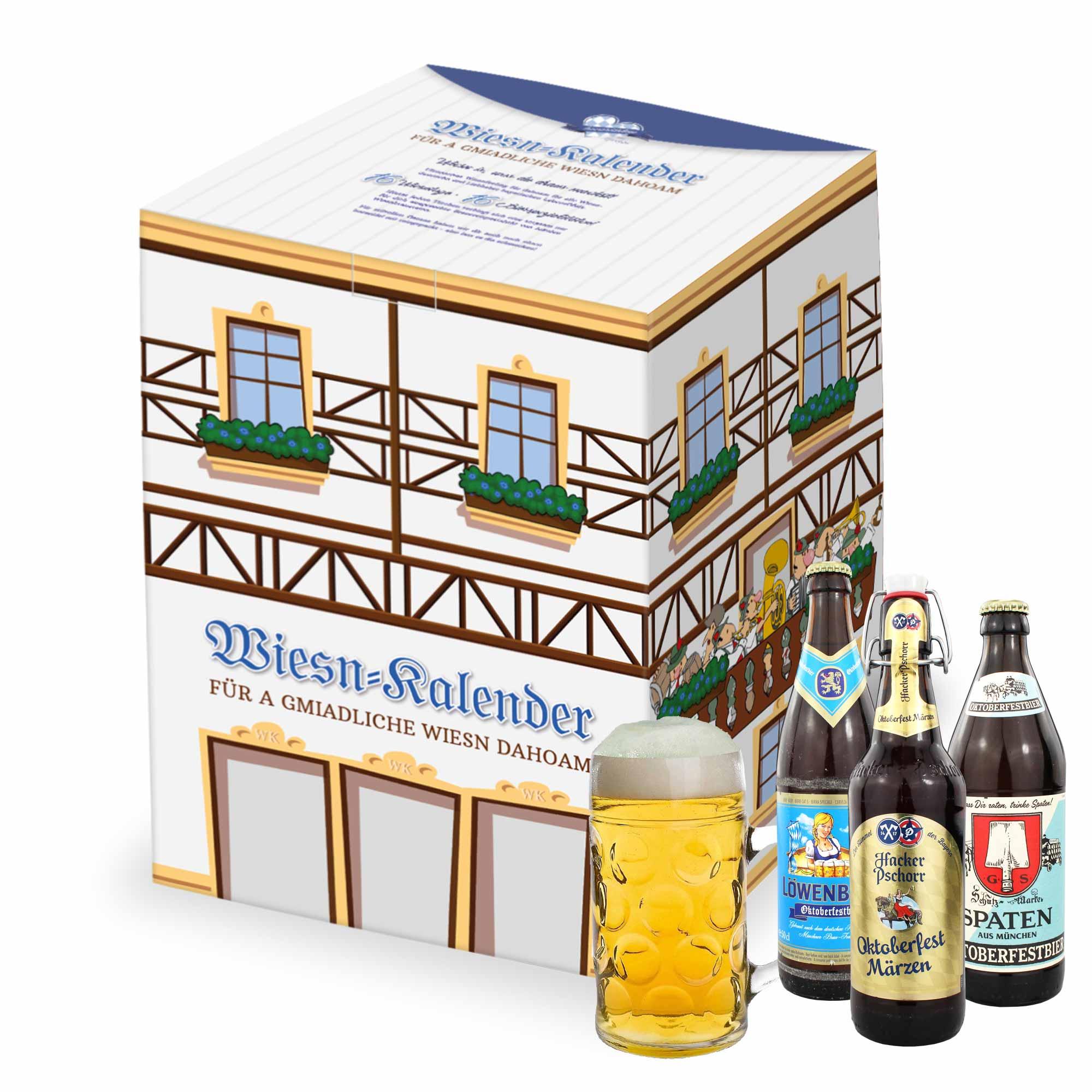 Wiesn Bier-Kalender als Oktoberfest-Haus mit verschiedenen Festbieren und gefülltem Maßkrug.
