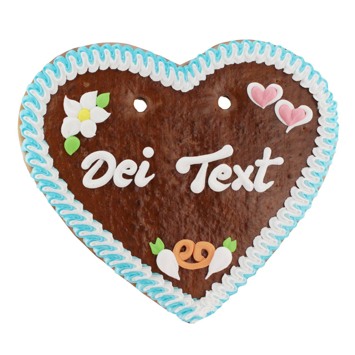 Braunes Lebkuchenherz mit weißer und hellblauer Zuckerguss-Umrandung, Verzierungen und Platzhaltertext "Dei Text".