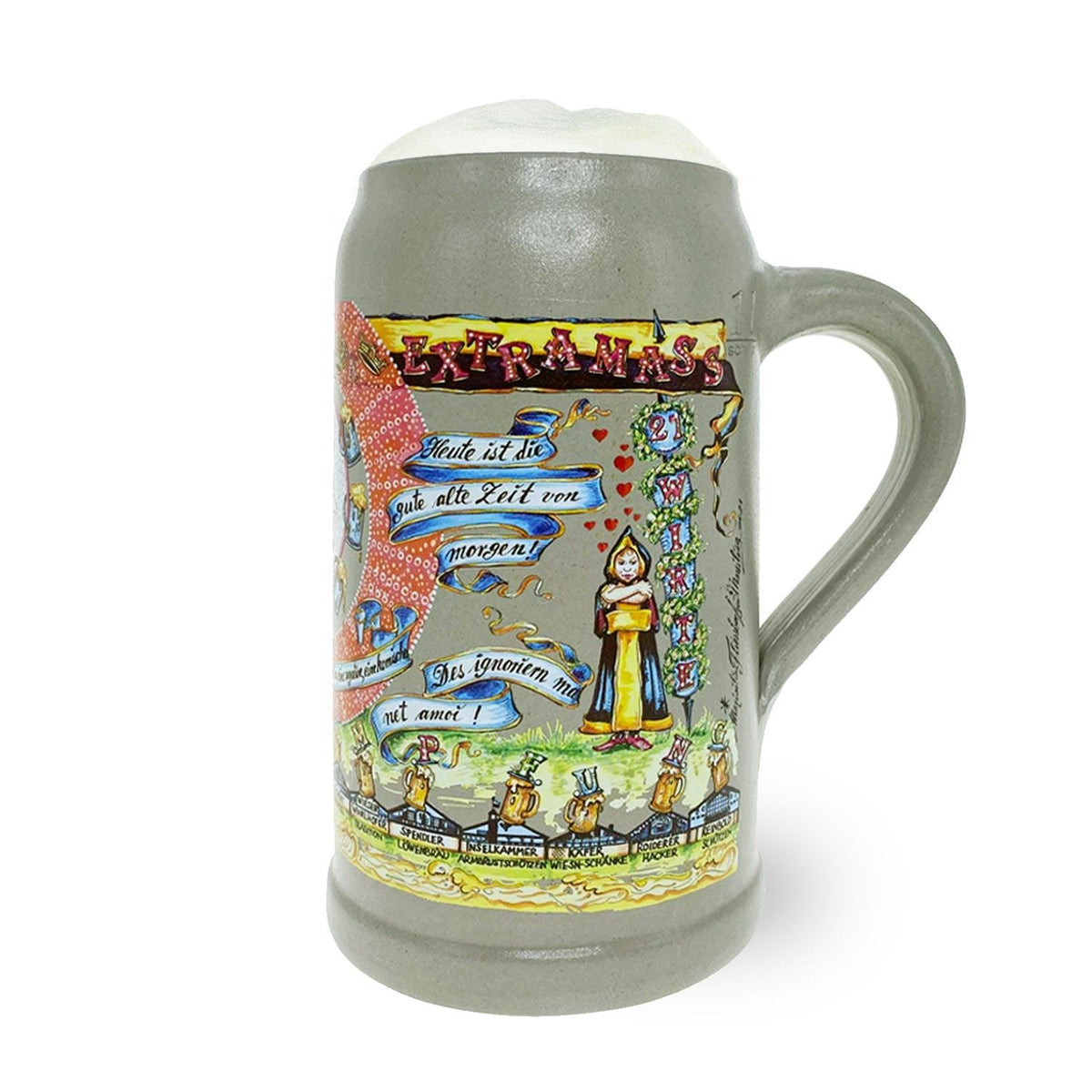 Wiesn Wirtekrug 2020/2021 mit aufwendigem Traditions-Design und bayerischen Sprüchen, gefüllt mit frischem Bierschaum.