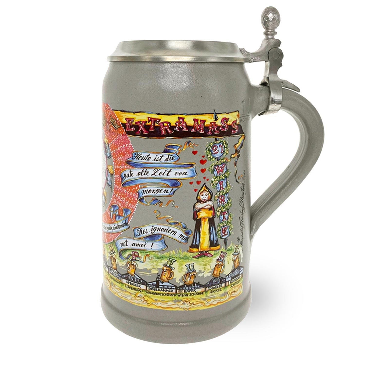 Wiesn Wirtekrug 2020/2021 mit Zinndeckel und farbigem Oktoberfest-Motiv, graue Keramik.