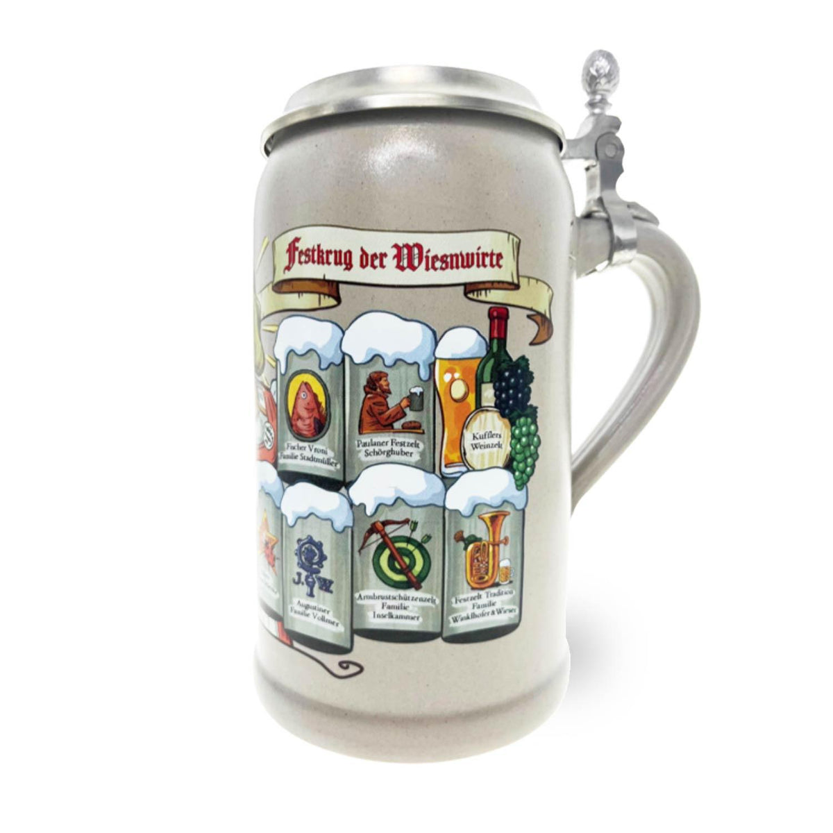 Wiesn Wirtekrug 2022 mit Zinndeckel und Festzelt-Motiven, detailreich bemaltes Steingut für Sammler.