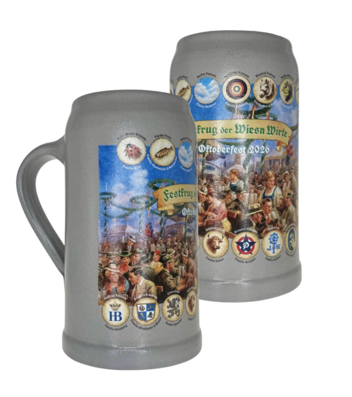Grauer Maßkrug Oktoberfest 2026 Wirtekrug 1 Liter mit aufgedruckter Festzelt-Szene und Wappen.