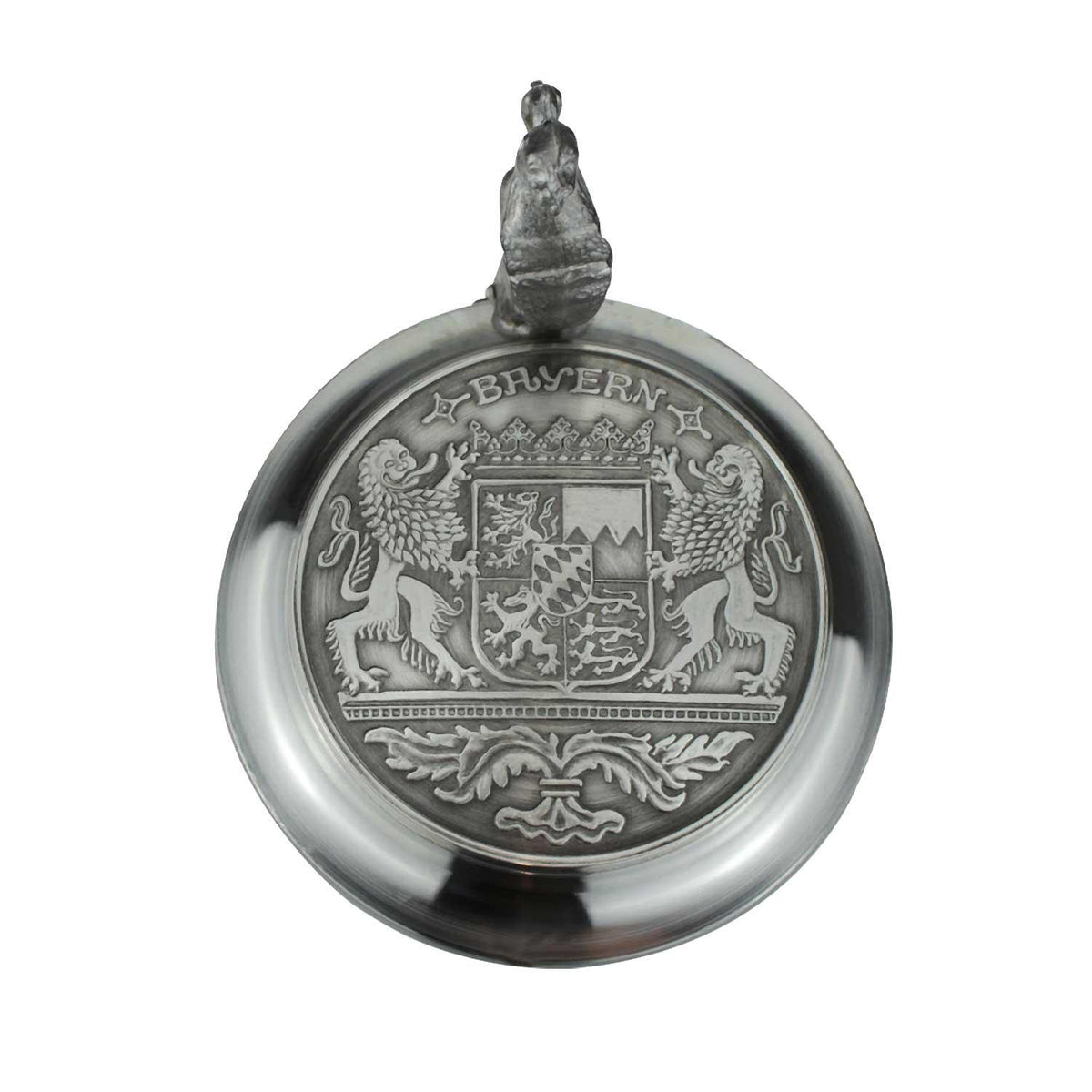 Bierkrug-Deckel aus Zinn mit detailliertem bayerischem Wappen, Krone und dem Schriftzug "Bayern