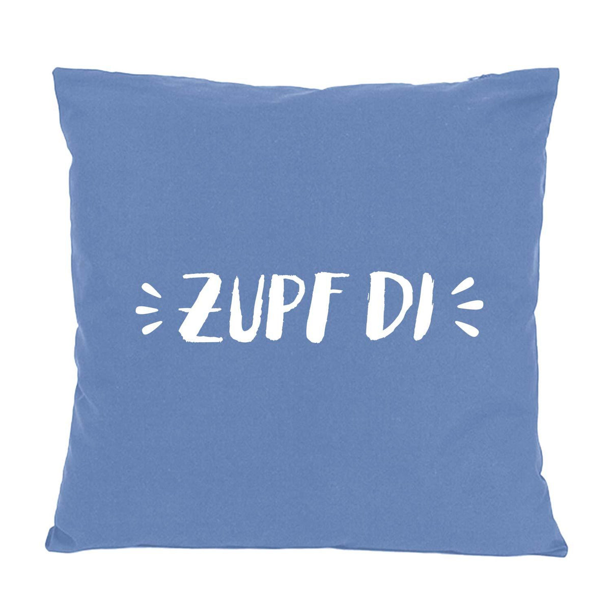 Blaues Kissen Zupf di mit weißem, verspieltem Schriftzug für Sofa oder Stuhl, bequemes Dekokissen