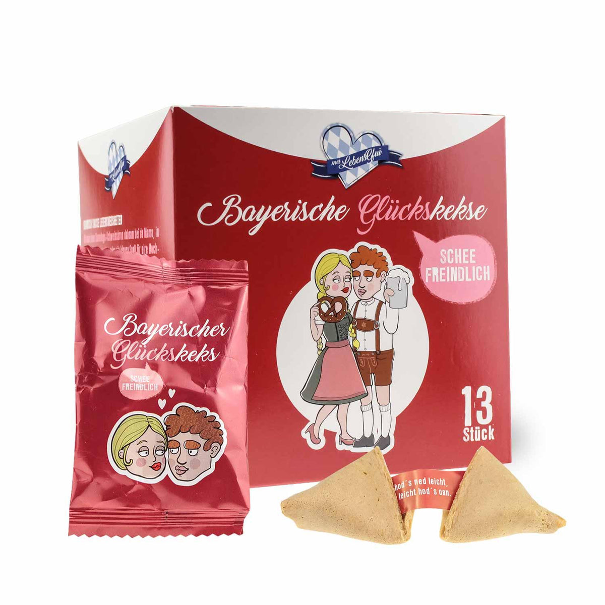 Box Bayerische Glückskekse mit 13 Stück, einzeln verpackten Glückskeksen und zwei offenen Keksen mit Sprüchen.