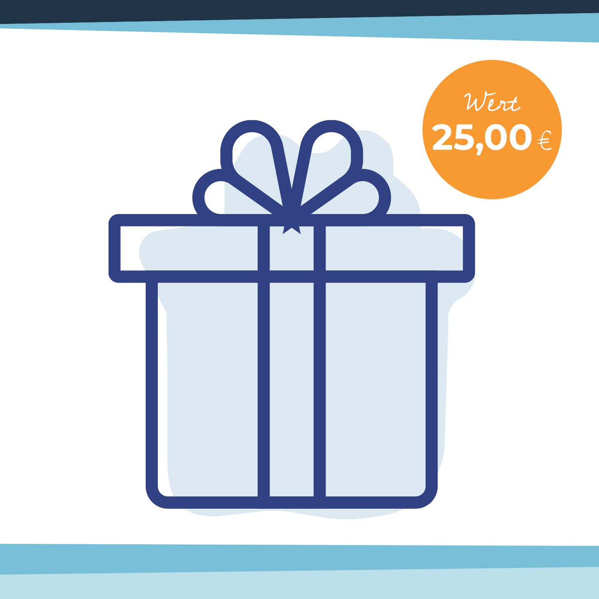 Blauer Geschenkgutschein für 25,00 Euro mit Geschenkbox und Schleife, ideal als Präsent.